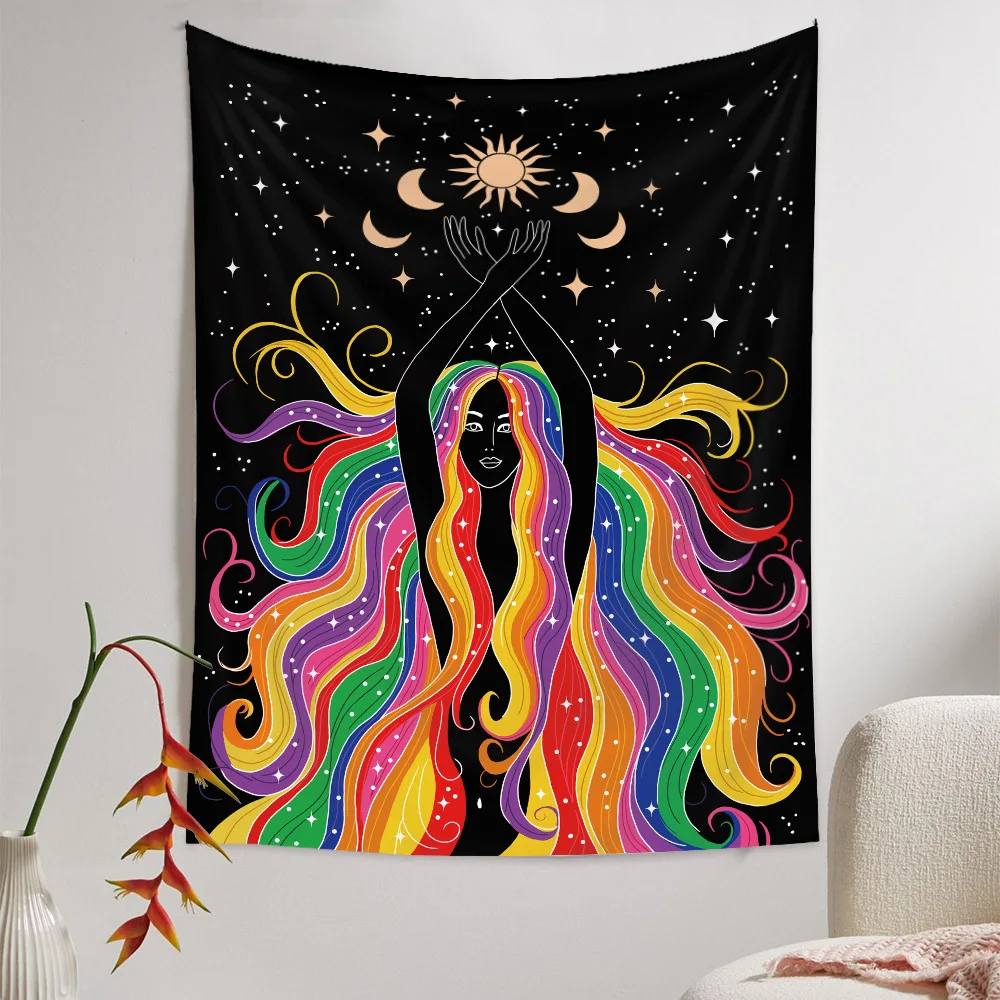 Indian Moon Phase Rainbow Girl Mandala Tapestry Wall Hanging Boho Macrame Hippie Witchcraft Tapiz Background Cloth Decor Mural