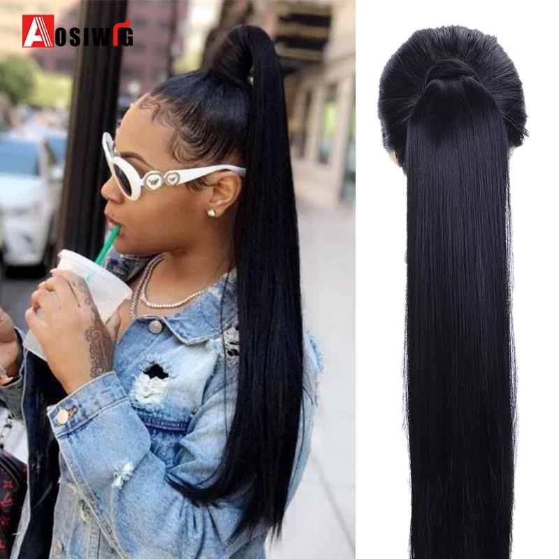 

AOSIWIG 24 дюйма длинные прямые волосы на клипсе удлинитель конского хвоста термостойкий синтетический натуральный поддельный конский хвост для женщин
