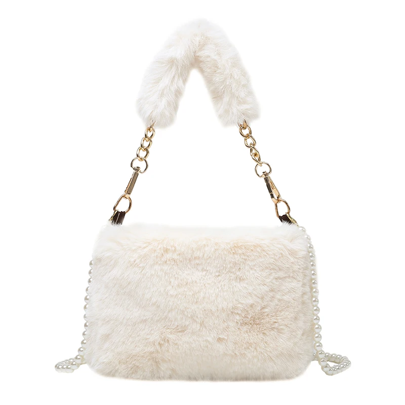 Plush Tote Bags Pearl Chain Bag For Women 2021 Winter Soft Fluffy Bags Solid Furry Luxury Designer Handbag Fur Shoulders Bags