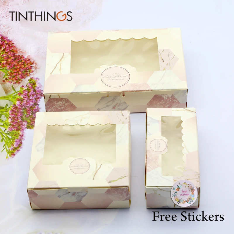 20PCS Paper Gift Box With Window Pink Marble Wedding Party Favors Food Packaging Candy Cardboard Cake Bags Valentine's Day