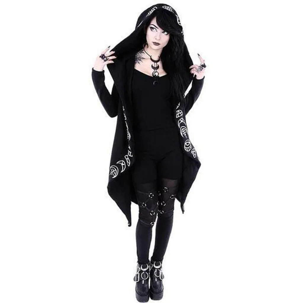 Gothic Punk Black Long Women Hoodies Sweatshirts 2021 Autumn Moon Print Long Sleeve Hoodie Women Loose Coat Hooded Sweatshirt