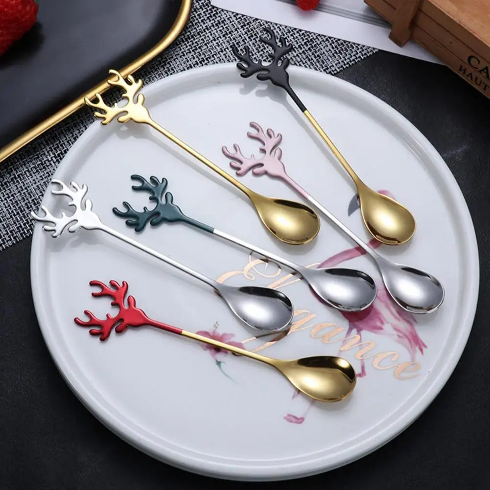 Mirror Polishing  Useful Elk Shape Stirring Spoon Rustproof Coffee Dessert Spoon Durable Construction   for Coffee