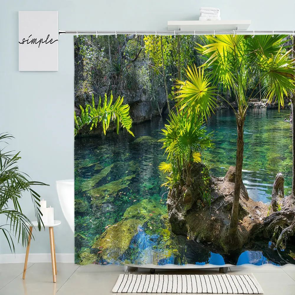 Tropical Jungle Scenery Shower Curtain Waterfall Forest Palm Leaf Green Plant Natural Landscape Home Bathroom Waterproof Screen