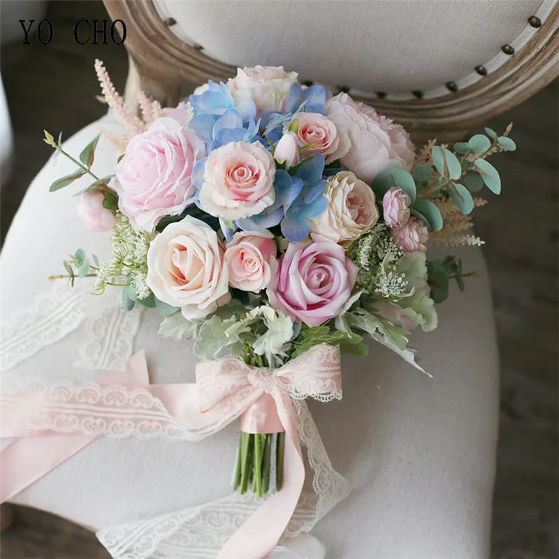 YO CHO Braut Hochzeit Bouquet Handgemachte Künstliche Seide Rose Hortensien Blume Rosa Blau Luxuriöse Bouquets Hochzeit Liefert