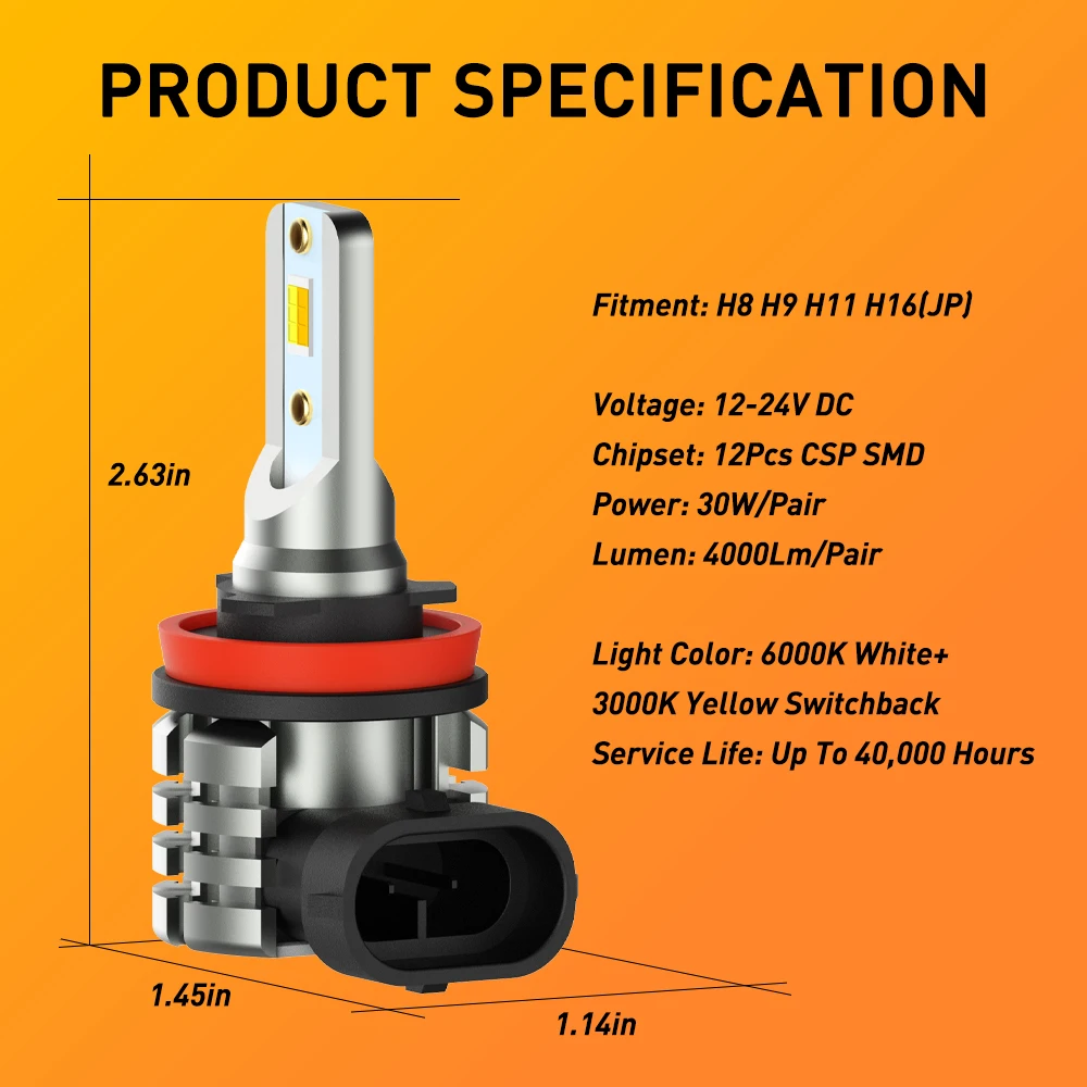 AUXITO 2x H8 H9 H11 H16JP LED Bulb Dual Color Switchback Auto Fog