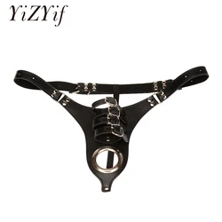 Black Adjustable Sexy PU Leather Panty C-String Thong with Penis Rings Male Chastity Belt Underwear Sex Men Lingerie Sex Toys