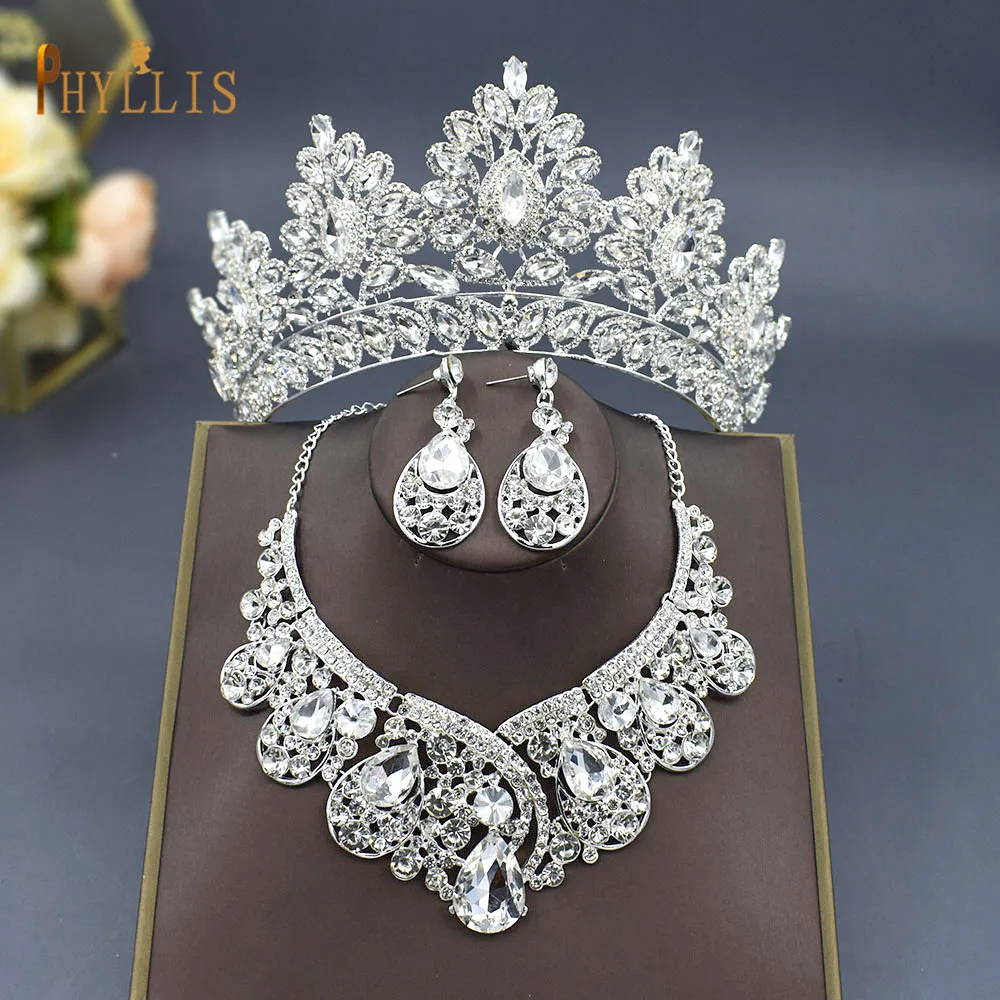 A07 Women's Classic Wedding Jewelry Set Rhinestone Tiaras Crown Necklace Earrings Set Pageant Diadem Bridal Dubai Jewelry Set