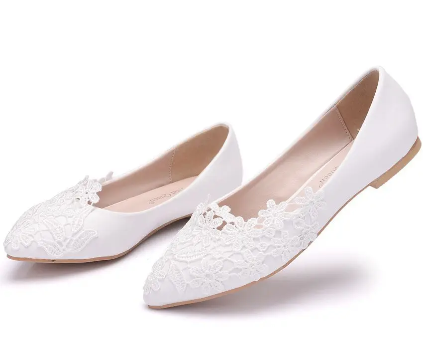 White Ballet Flats Lace Wedding Shoes Flat Heel Casual Shoes Woman Pointed Toe Princess Wedding Flats Plus Size 43