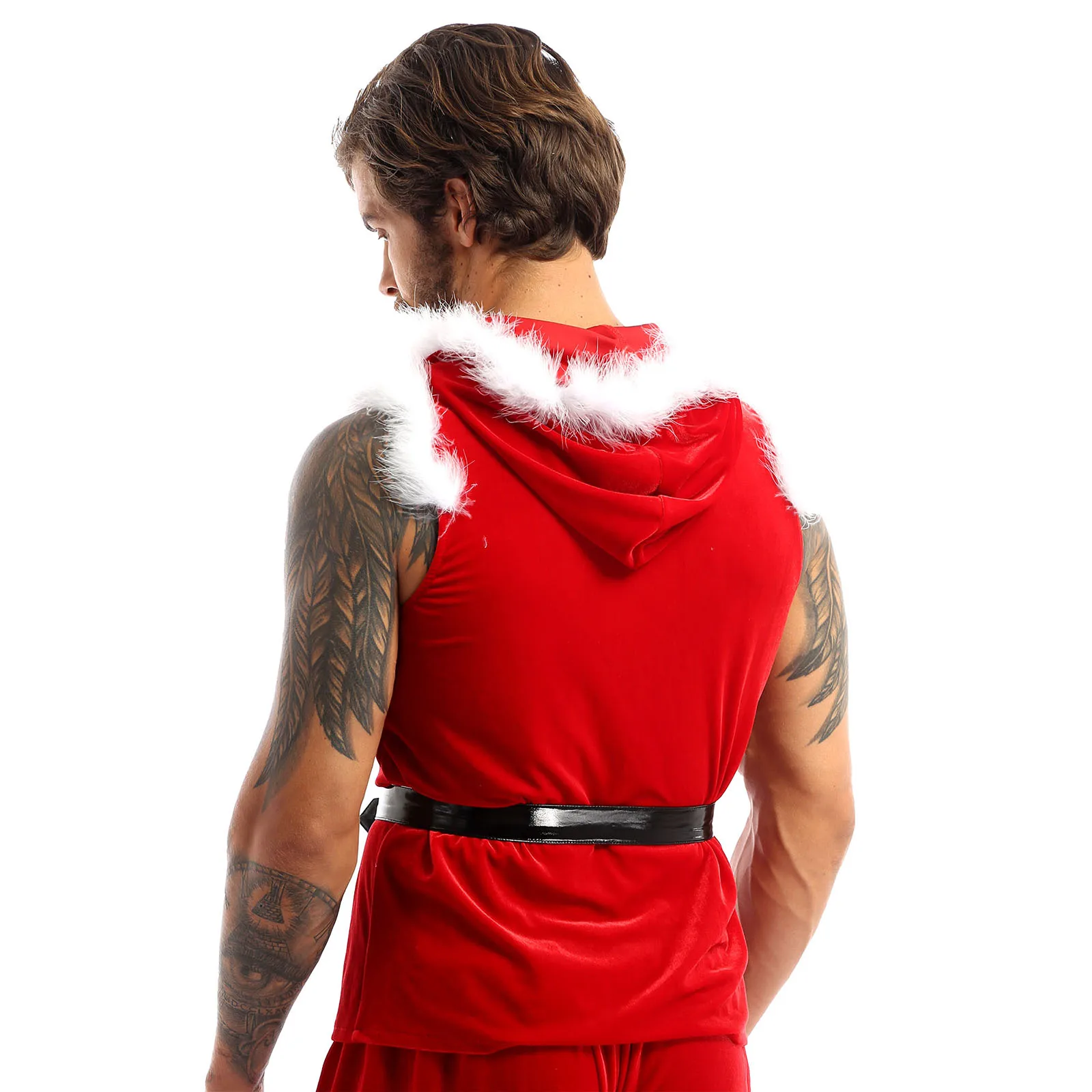 Men Christmas Sexy Santa Claus Costume Coat Velvet Feather Trim Hooded Waistcoat Top with Belt Xmas New Party Performance Tops