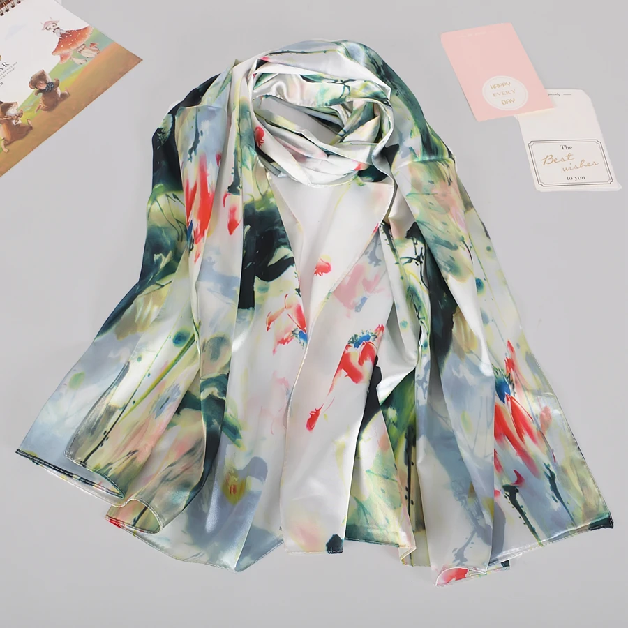 [BYSIFA] Fall New Silk Scarf Hijab Printed Elegant Green Plum Blossom Satin Long Scarves Shawls Winter Women Accessories Wraps