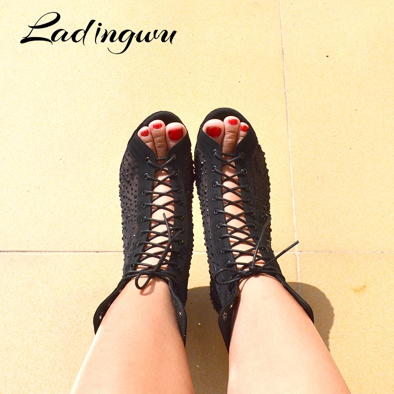 ladingwu Latest Latin Dance Boots Woman Mesh Hot Rhinestone Dance Shoes Salsa Ladys Black Suede Ballroom Dancing Shoes