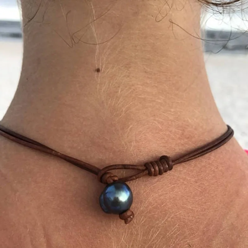 Tahitian black pearl,australian leather, adaptable men necklace knotted leather choker, leather and pearl choker