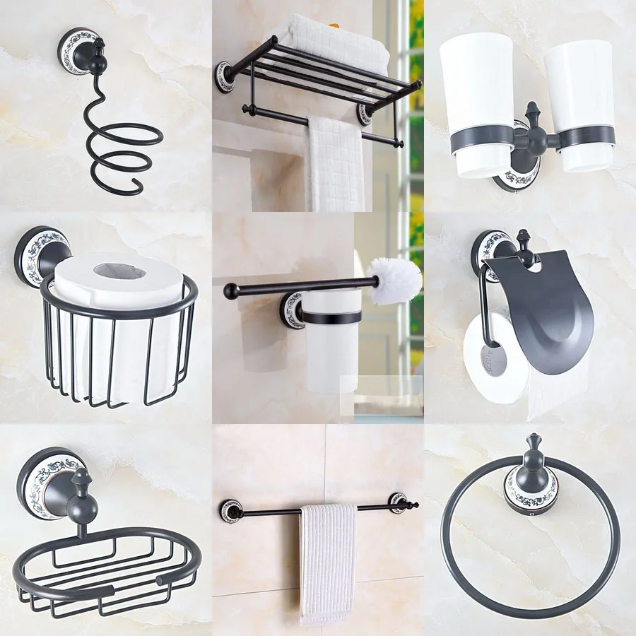 

Black Oil Rubbed Brass Ceramic Base Wall Mounted Bathroom Accessories Set Towel Bar Soap Dish Robe Hook Toilet Paper Holder A013