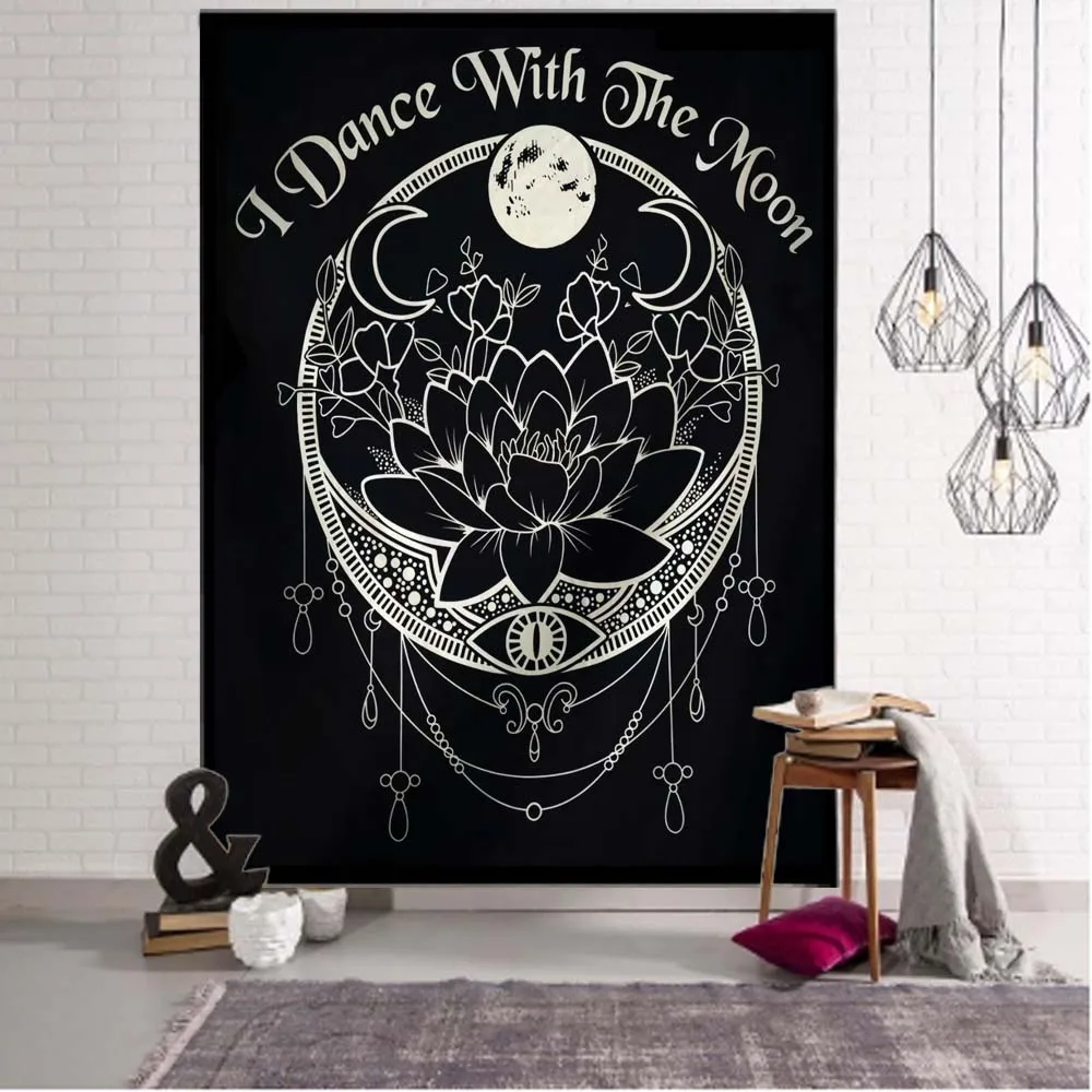 

White black tapestry mountain sun moon mandala tarot wall hanging bohemian psychedelic hippie home background wall decoration