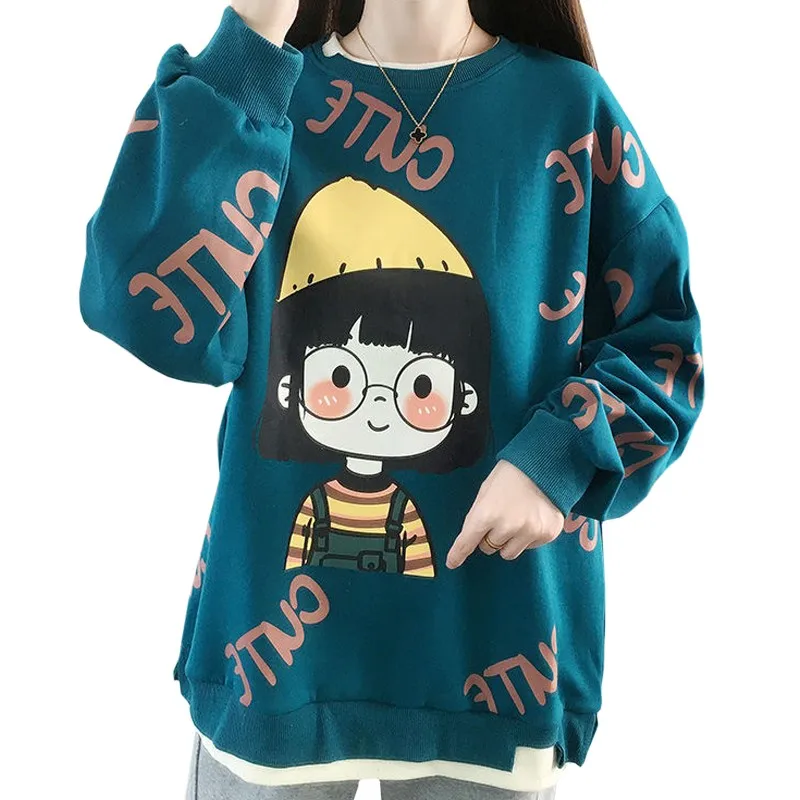 Baumwolle Herbst Winter Mädchen Mantel sowie Samt lässig süße Frauen Kleidung Sweatshirt Druck Harajuku mit Brille niedlichen Mädchen Pullover