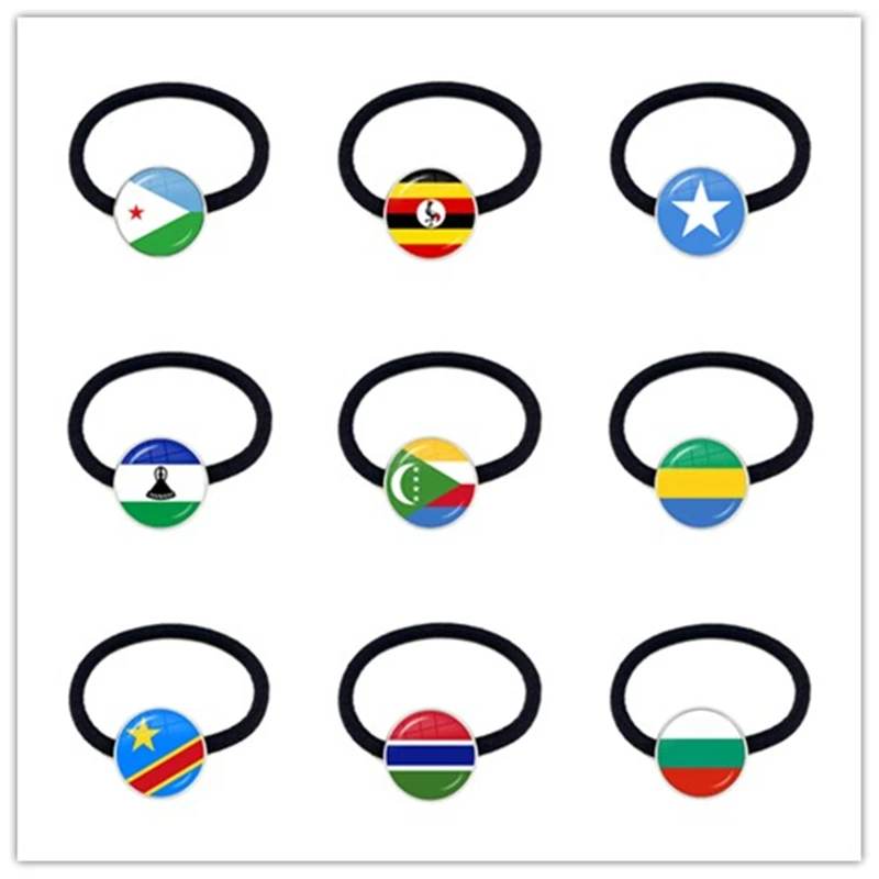 Djibouti,Uganda,Gambia,Congo,Gabon,Comoros,Lesotho,Somalia,Bulgaria National Flag Glass Cabochon Elastic Hair Bands Women Gift