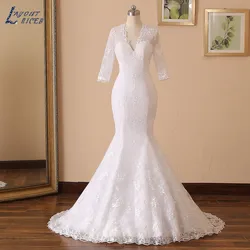 NICEB-Vestido De Novia De encaje para mujer, traje Sexy De sirena, Espalda descubierta, botones, cuello en V, Media manga, tren De barrido Ropa de bodas de sirenas sexy botones de espalda V de media manga Vestido De No