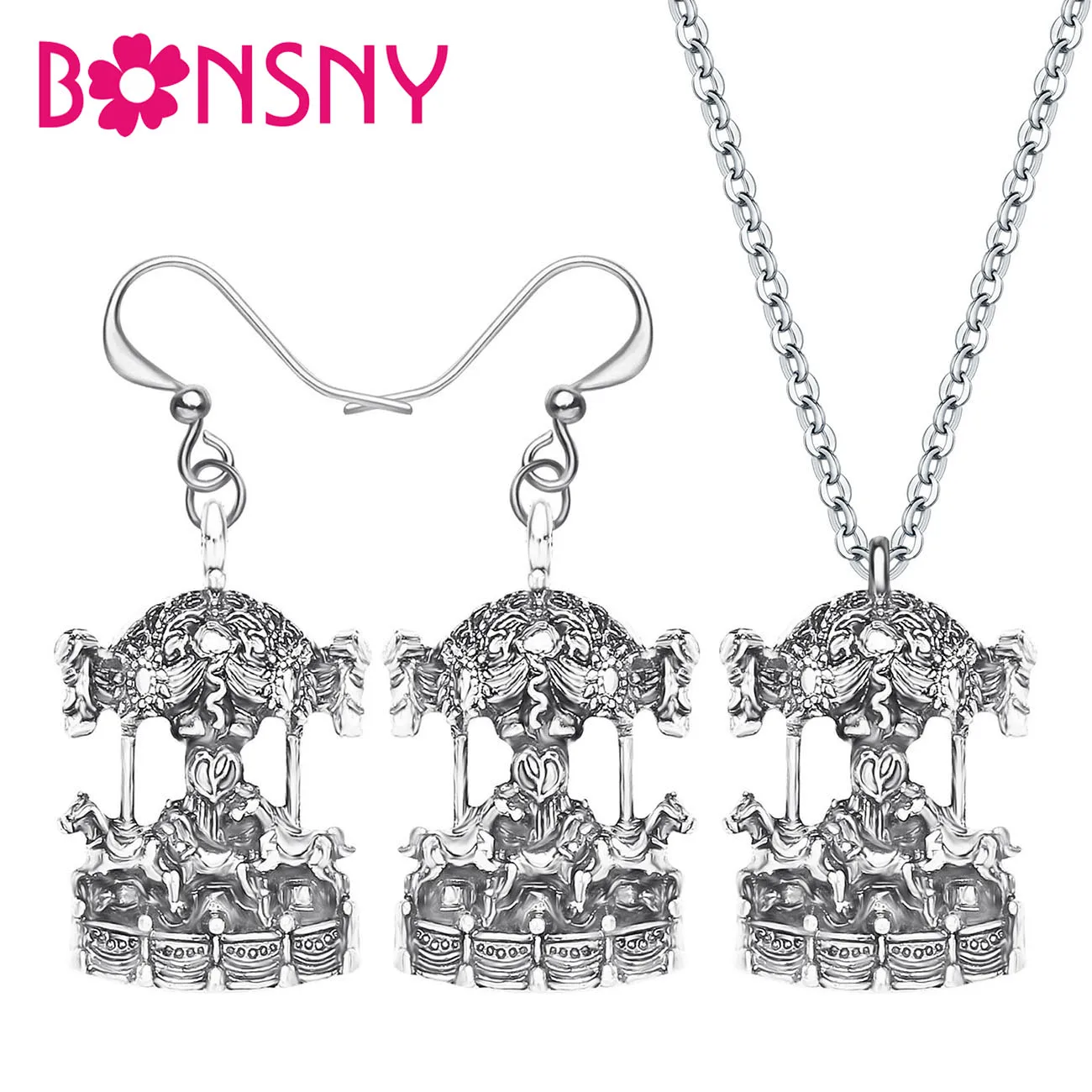 Bonsny סגסוגת עתיק זהב מצופה קרוסלת סיבוב קרוסלת סוסים תכשיטי סטים חמוד בעלי החיים עגילי שרשרת לילדה אופנה מתנה