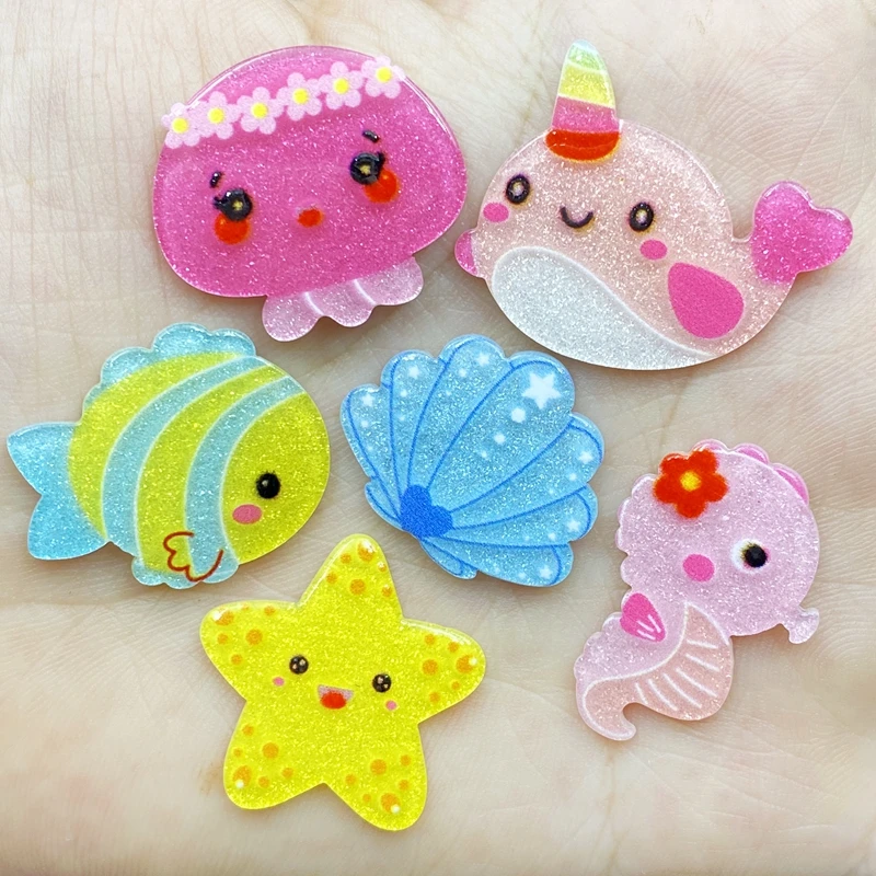 30Pcs Acrylic Kawaii Mini Ocean Series Flatback Cabochon Scrapbook Hair Bows Clips DIY Embellishments Accessories D63