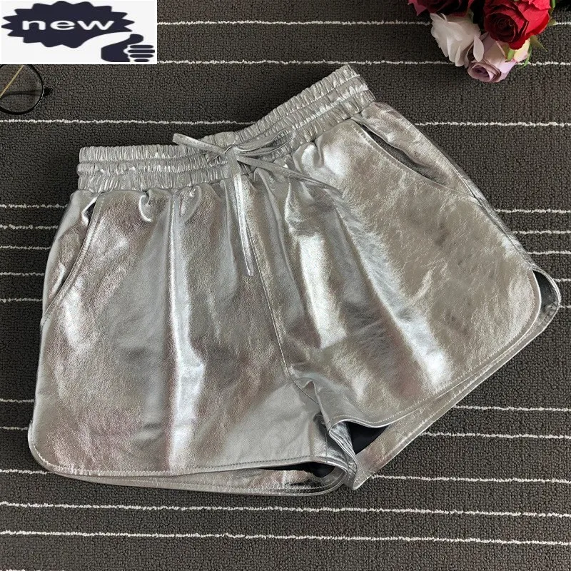 

2021 Summer Women Hot Sexy Sheepskin Genuine Leather Elastic Waist Joggers Sweatpants Lady Bright Printed Wide Leg Shorts