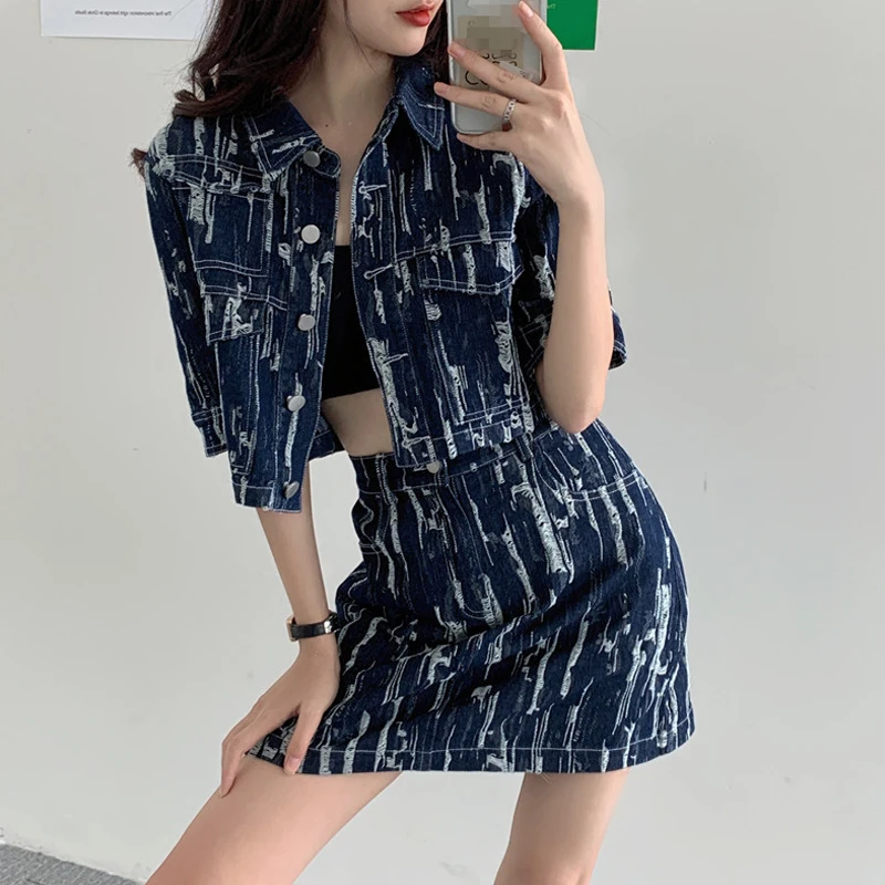 Denim Two Piece Set Jeans Suit for Women Summer 2021 New Fashion Crop Tops and High Waist Vintage Skirt Set Outfits Streetwear