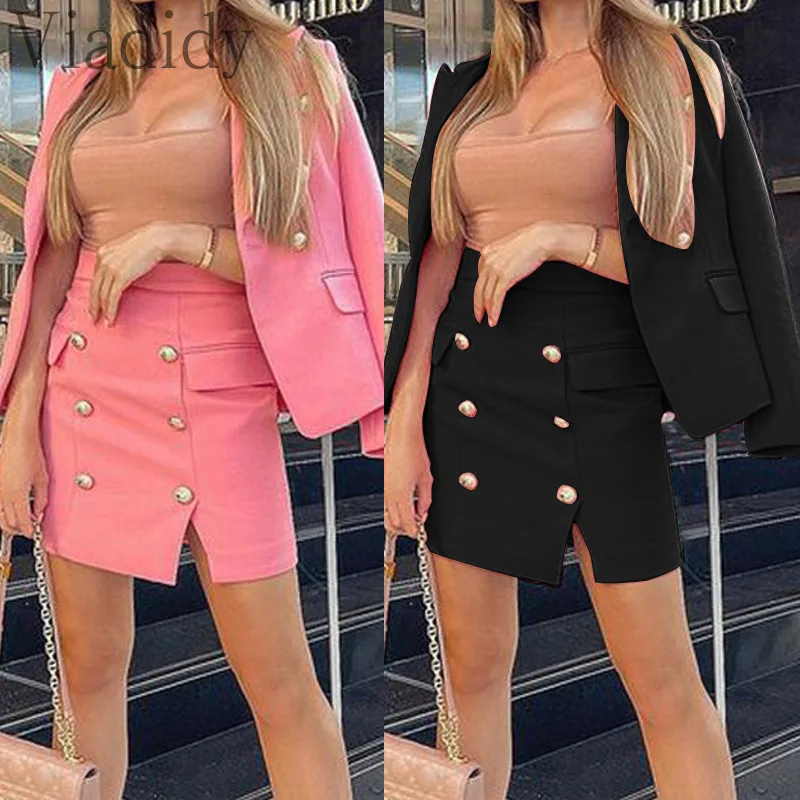 Women Solid Color Suits Buttoned Detail Long Sleeve Blazer Coat And High Waist Mini Skirt Set