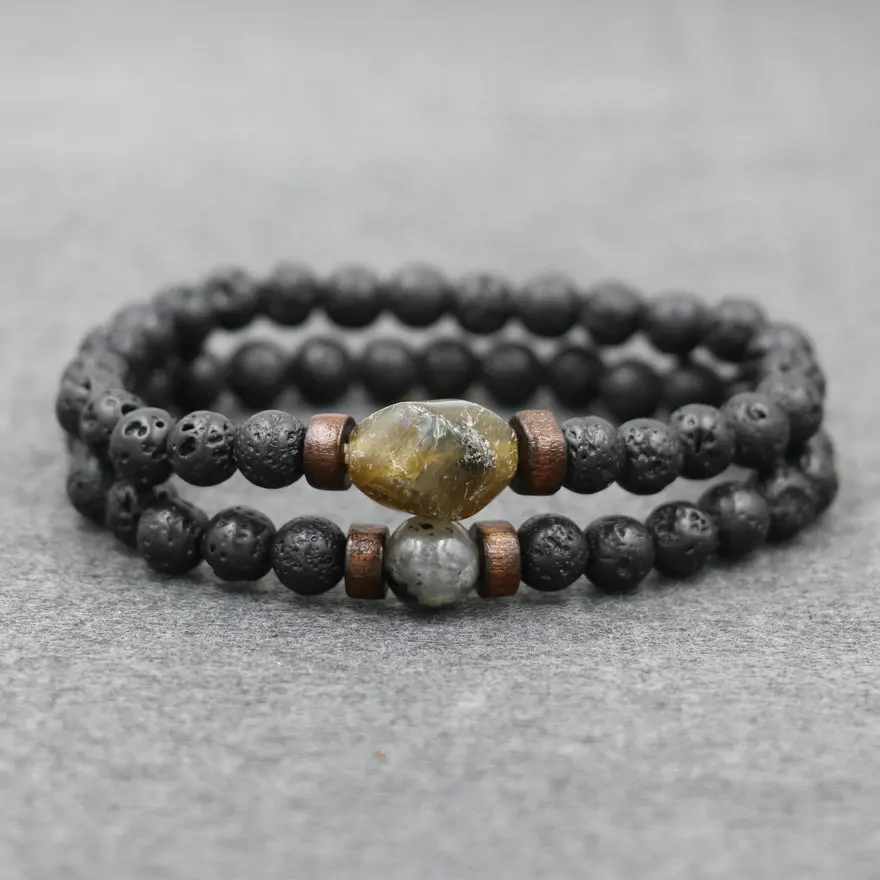 Trend Men\'s Bracelet Lava Stone Labradorite Moonstone Beads Bracelet Chakra Yoga Wood Bead Bracelet For Men Jewelry Bileklik