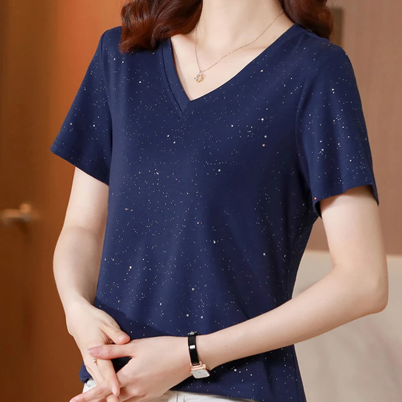 Sequins Shiny V-Neck T Shirt Women Tshirt Short Sleeve T-Shirts Summer Tops Korean Style Woman Clothes Tee Shirt Femme Camisetas