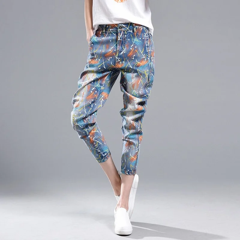 

Print Fashion Jeans Women Vintage Washed Pattern Harem Pants Street 2022 New Casual Zipper Female Denim Ankle Length Pants