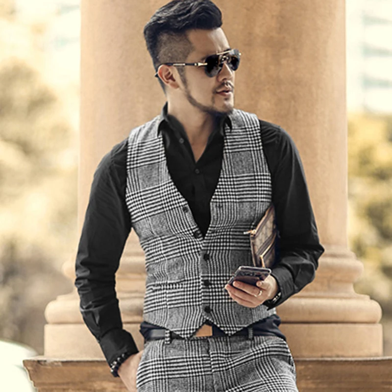 ชายเสื้อกั๊ก V คอ Houndstooth สีน้ำตาลสีเทา Single-Breasted Waistcoat Casual ธุรกิจอย่างเป็นทางการ Groomman สำหรับงานแต่งงานเสื้อกั๊ก