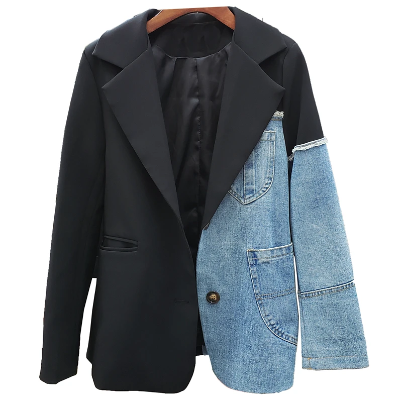 Denim Spliced Women Blazer Jacket High Quality Single Button Black Suit Jacket Loose Fashion Asymmetry Lady Blazer Coat 2021 New