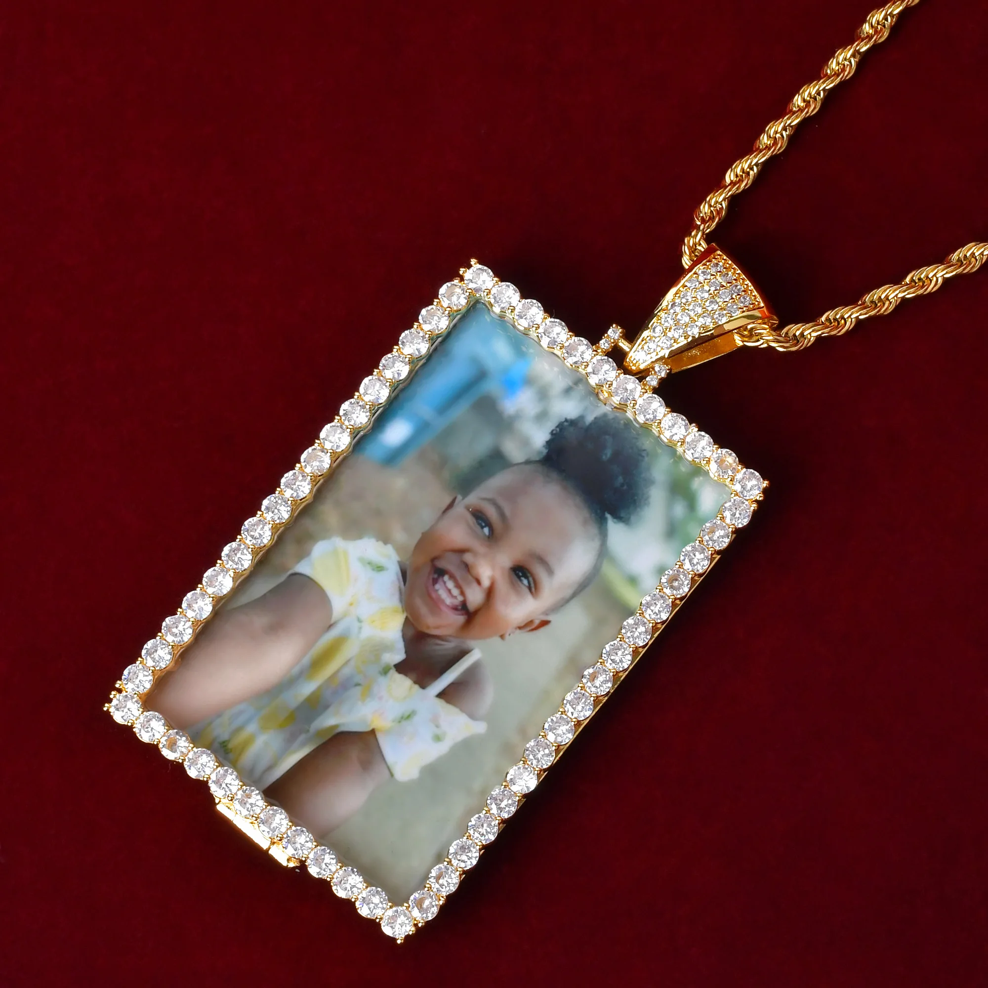 Aokaishen Iced Out Custom Foto Ketting Voor Mannen Gepersonaliseerde Foto Medaillon Hanger Rechthoek Zirkoon Hiphop Sieraden