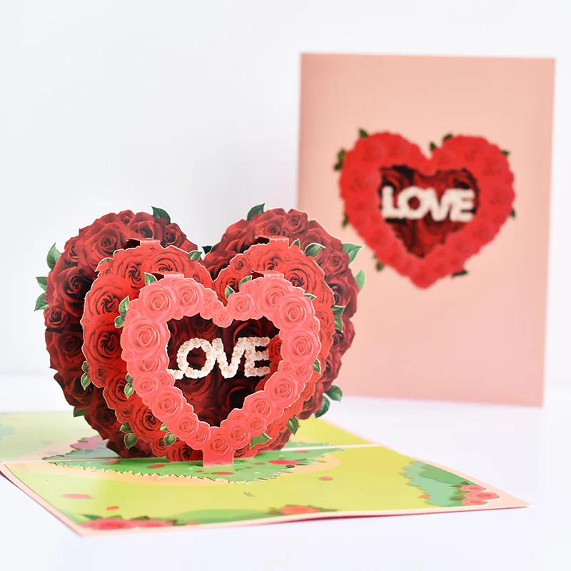 

2pcs Rose Heart Origami 3D Pop UP Greeting Card Invitation For Valentine's Day Wedding Birthday Xmas Party Souvenirs Gift