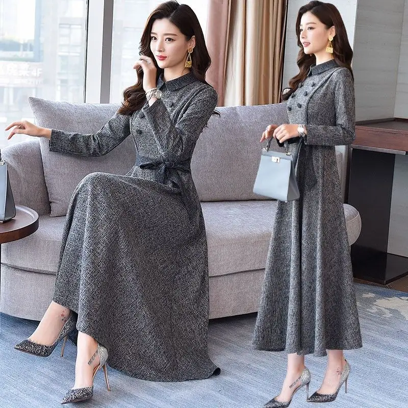 2021 Spring Autumn Women\'s Dress High End Temperament Elegant Dress Small Fragrance Long Sleeve Over The Knee Long Dress 4XL H27