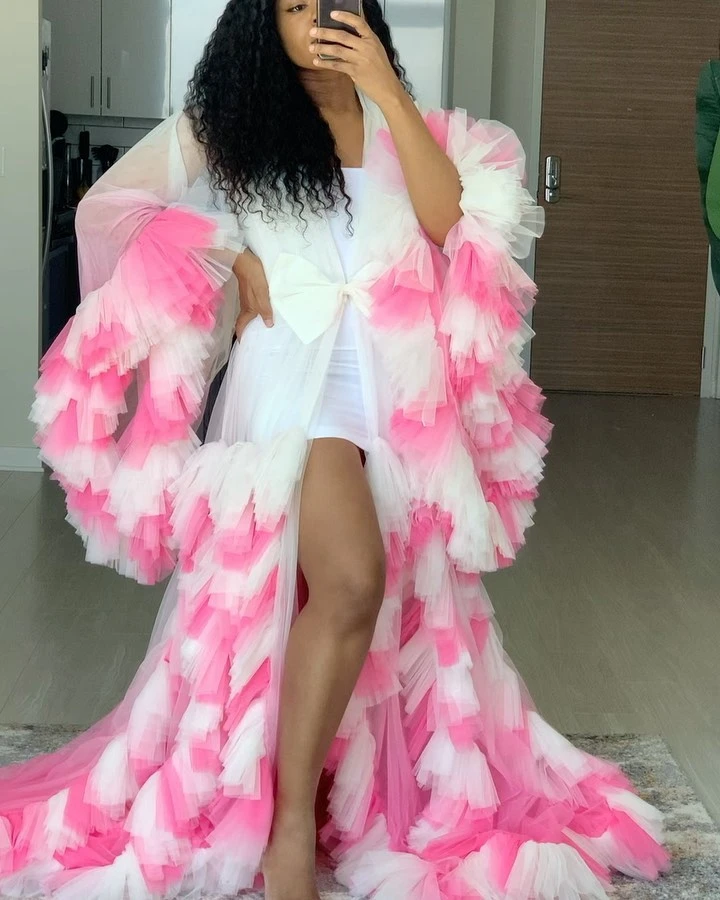 Colorful Custom Made See Through Tulle Ruffles Rose Pink Long Kimono Tiered Ruched Prom Gowns Puffy Sleeves African Cape Cloak