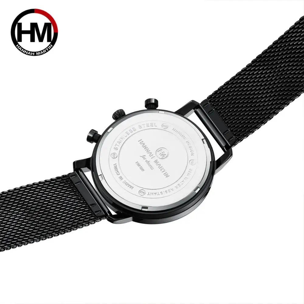 Black Multifunction Chronograph Stainless Steel Mesh Band Waterproof  Men Big Dial Top Brand Luxury Watch Men Fashion Watches