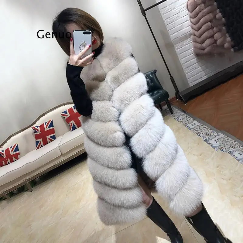 90 Cm Medium Long Artifical Fox Fur Vest Women Winter Fashion Faux Fox Fur Vests Woman Warm Fake Fox Fur Coats Female