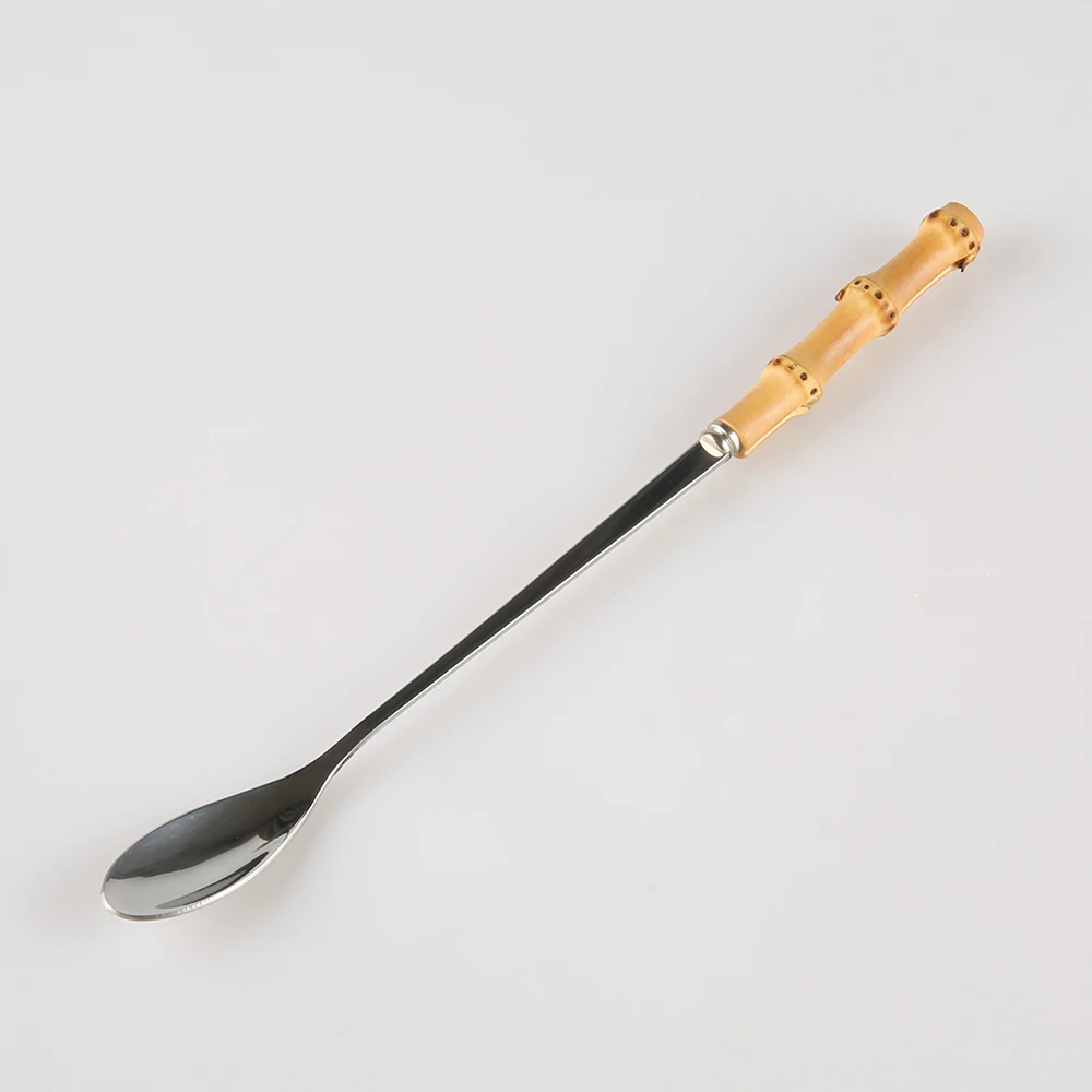 Milk Drink Ice Beverage Dessert Honey Stirring Stainless Steel Wood Bamboo Root Stick Handle Small Long Tea Coffee Spoon