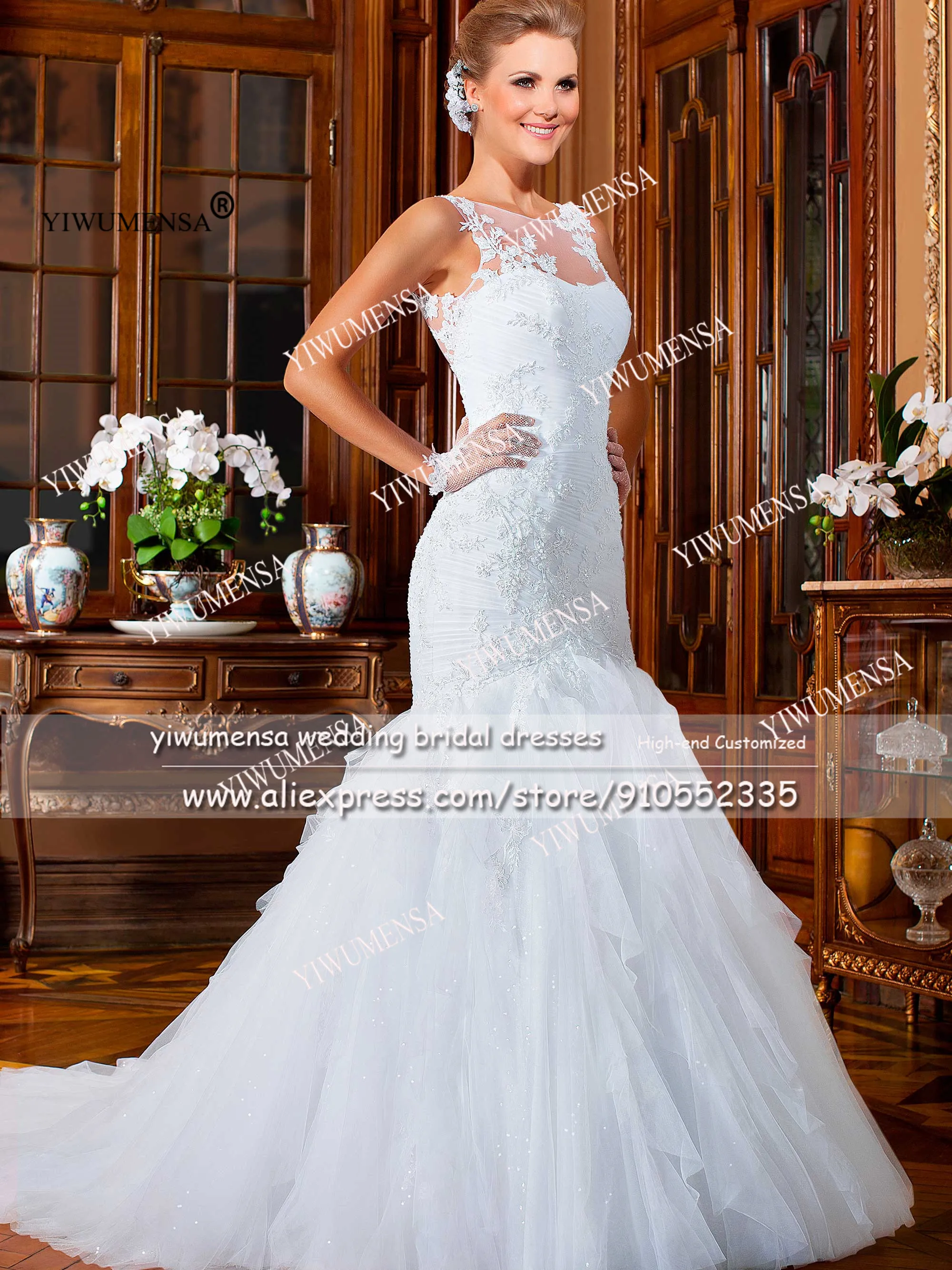 Yiwumensa Plisse Tulle Sweetheart Een Lijn Bruids Jurk Boho Kant Applicaties Kralen Sweep Trein Bruidsjurken Vestidos De Novias