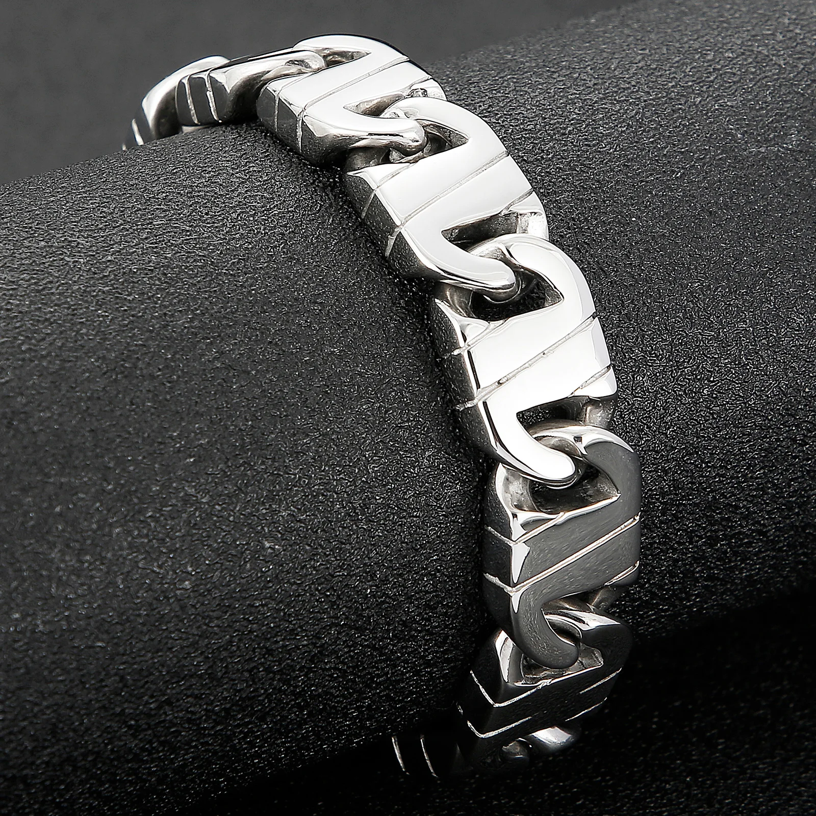 Fongten 21cm Charm Bracelet For Men Stainless Steel Brushed Shiny Wrist Bangles Bracelets Male Hip Hop Silver Color Jewelry