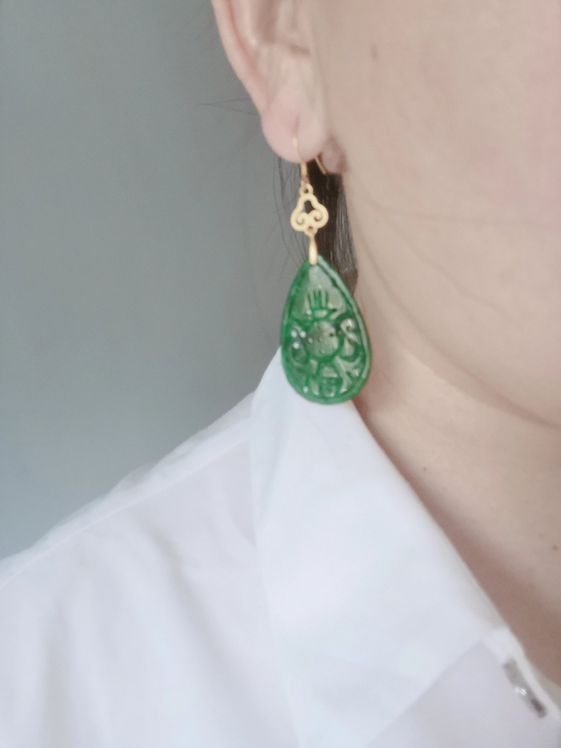 

1pcs/lot dry green jade earrings s925 silver plated Jin Xiangyun Big drop Large slice hollow Classical wishful lotus National