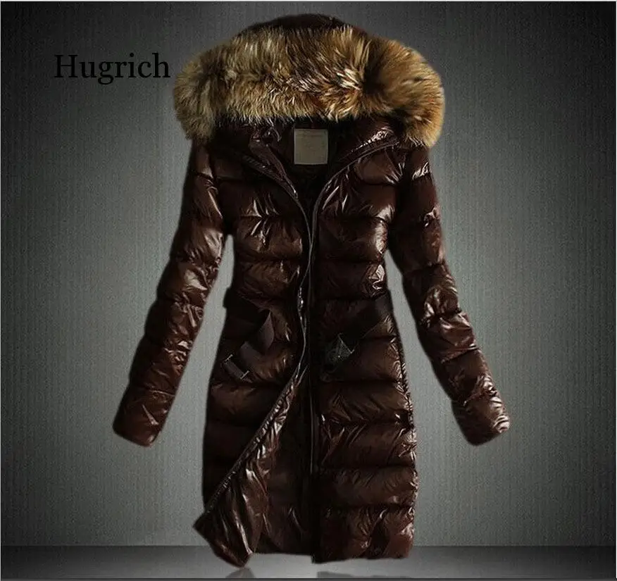 2021 European Winter New Style Big Fur Collar Fashion Slim Middle with Belt Cotton Padded Women