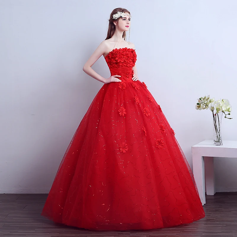 AnXin SH flower lace red princess sparkly bride strapless littler flower vintage white ball gown customized wedding dress