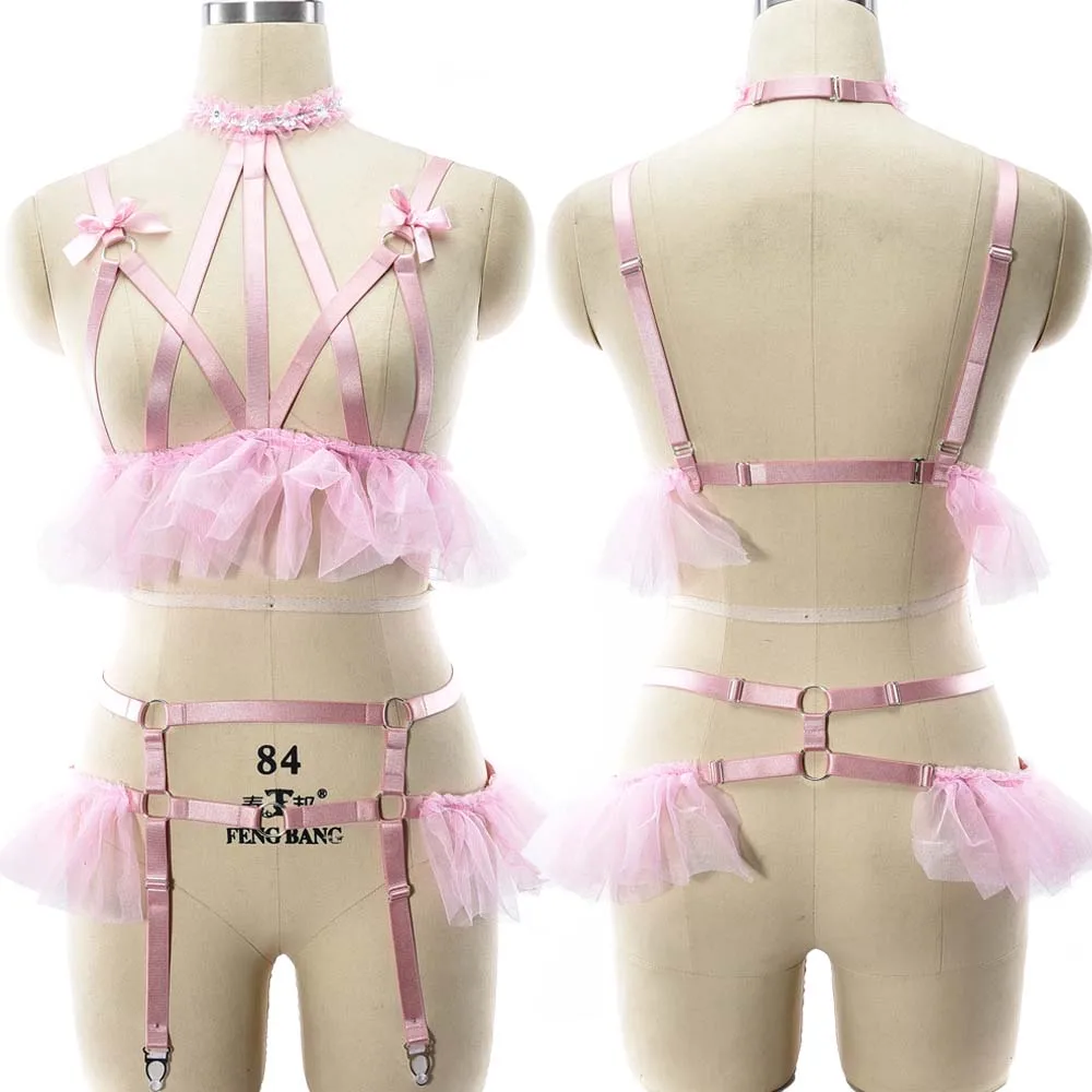 

BODY HARNESS Set Pink Sexy Wedding Lingerie Cage Bra Bondage Leg Harness Stockings Garter Belt Kawaii Bow Women Harness Belt