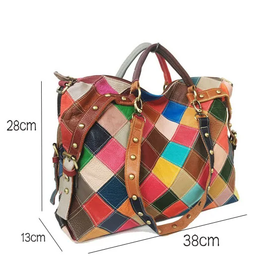 Over Large Cow Leather Multi-color Patchwork Handbag Big Size Weekend Over Night Diaper Genuine Leather Messenger Bag for Women