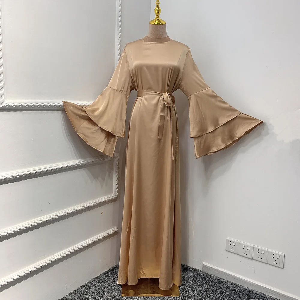 Ramadan Eid Mubarak Muslim Fashion Silk Satin Dress Women\'s Abaya Dubai Turkey Islam Hijab Dress Vestidos Robe Musulmane Longue