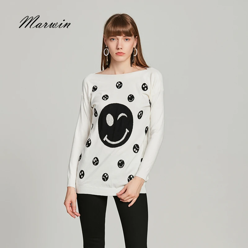 Marwin New-coming Casual Knitted Sweaters Full Pullovers Slash Neck Sweater Beading Cartoon Smiling face Soft Fashion S