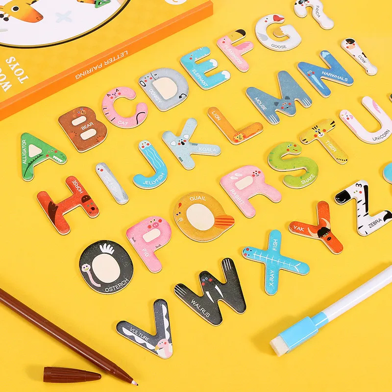 Montessori Wooden 26Pcs Magnetic English Letters Board Game Alphabets Languages Learning Book Educational Toy for Children Gifts