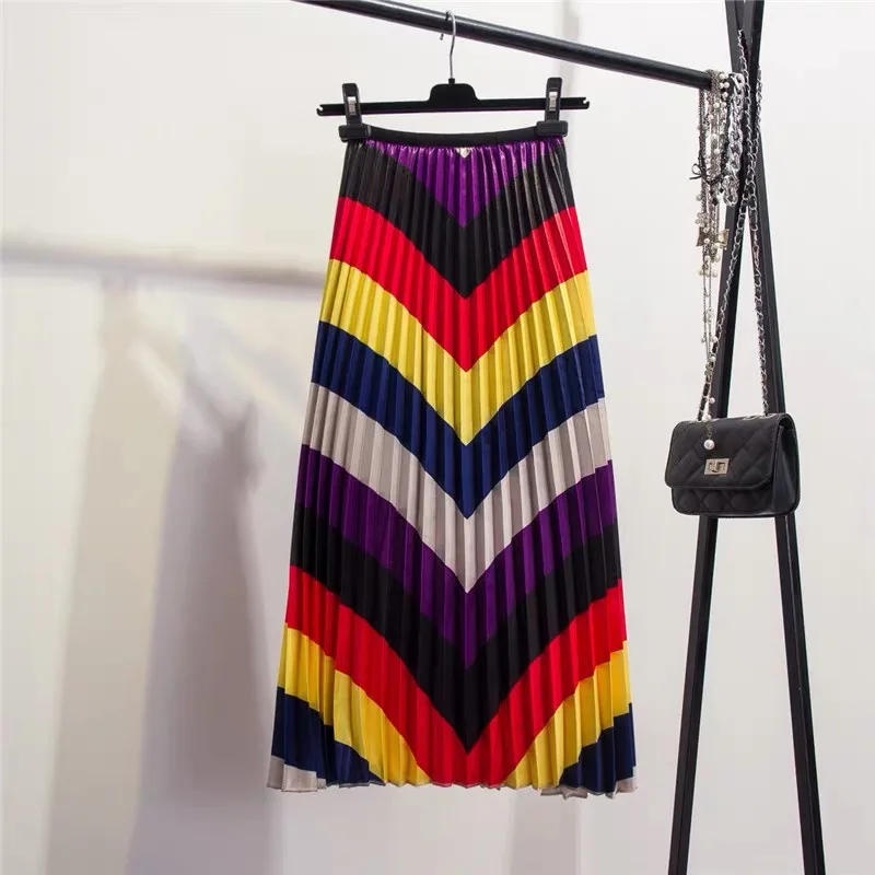 Marwin 2019 Spring New-Coming Color Matching Striped Pleated skirt High Street Style Mid-Calf Empire Soft Fashion Women Skirts