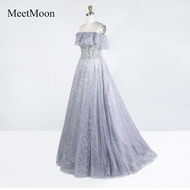 MeetMoon Bling Bling Sequined Off Shoulder Illusion Bodice A-line Evening Dress Long Formal Party Gown Robe De Soiree ME007